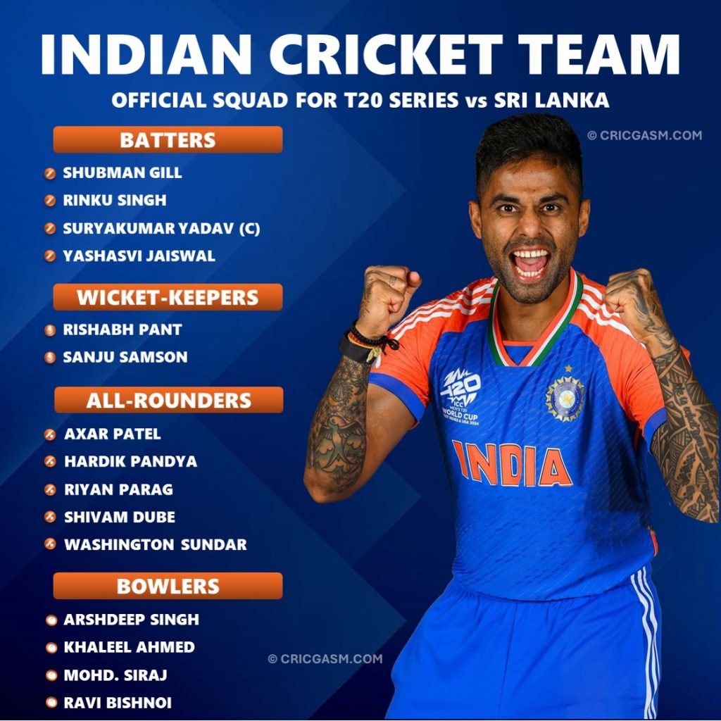 India vs Sri Lanka 2024 T20 Squad - Check Official List