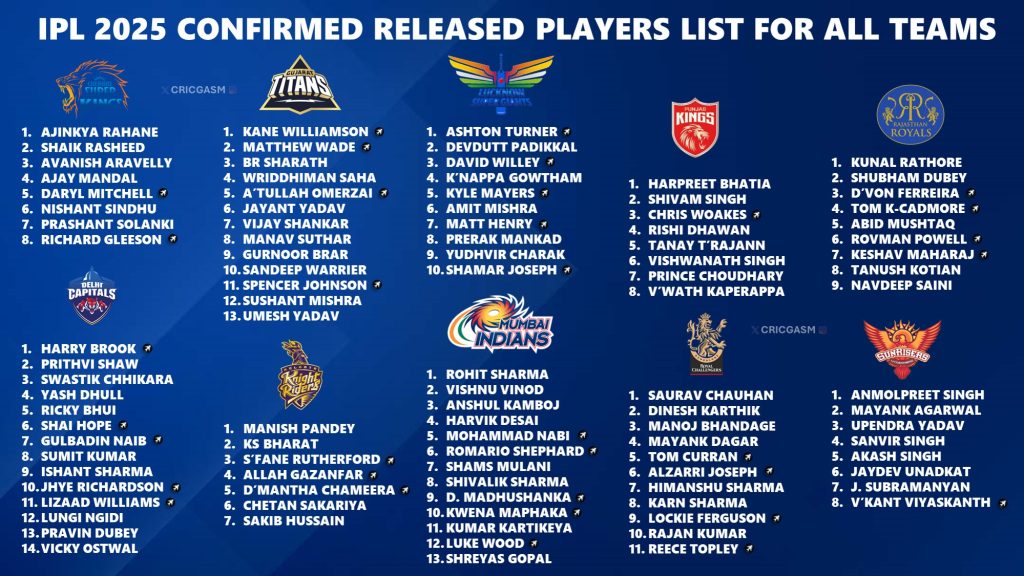 IPL 2025 Each Team Confirmed Released Players List