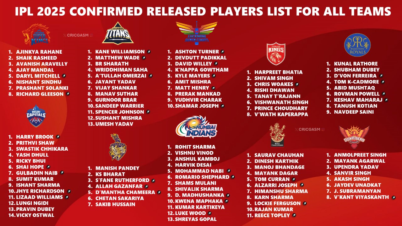 IPL 2025 Released Players Confirmed List for Each Team