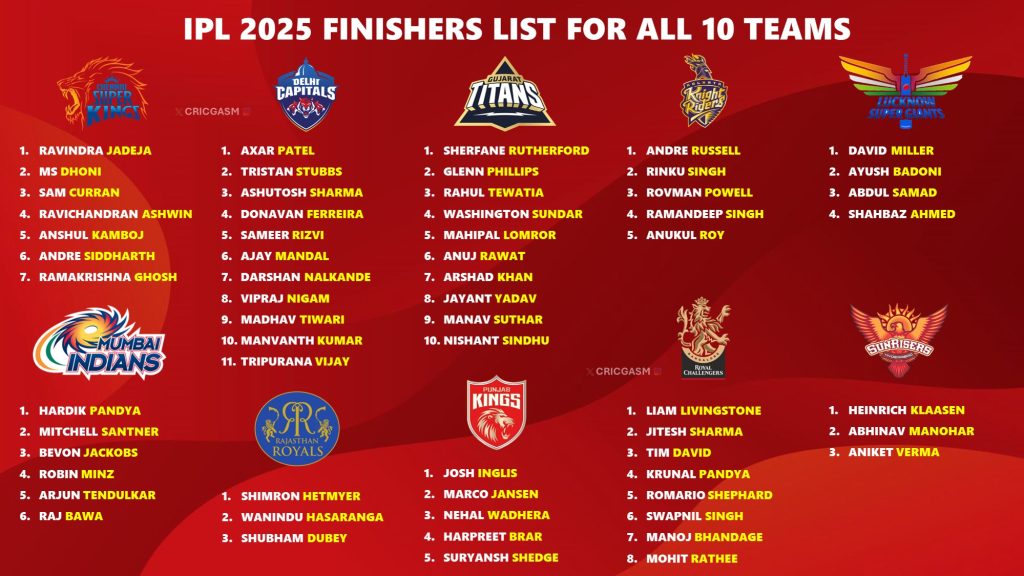 IPL 2025 Exploring the Best Set of Finishers in Each Team