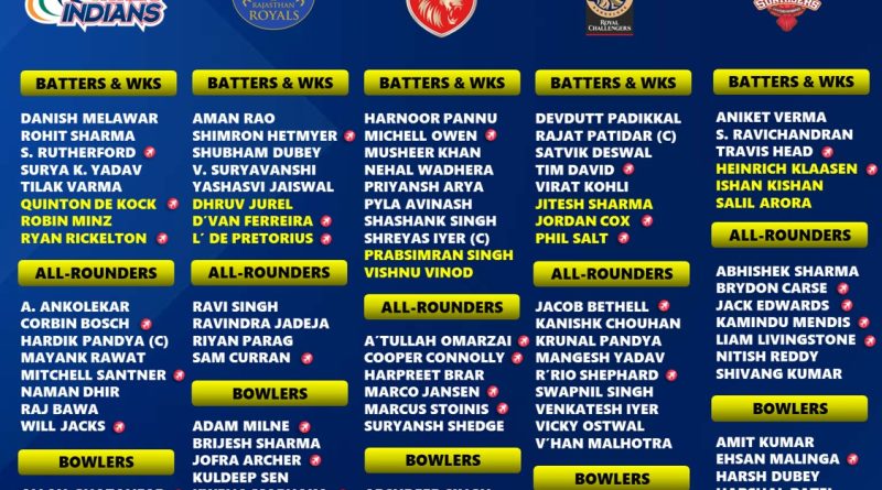 IPL 2026 All 10 Teams Complete Categorised Squad Players List